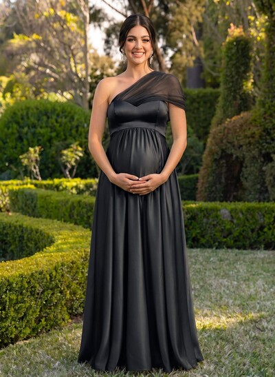 A-Line One-Shoulder Sleeveless Floor-Length Satin/Tulle Maternity Bridesmaid Dresses