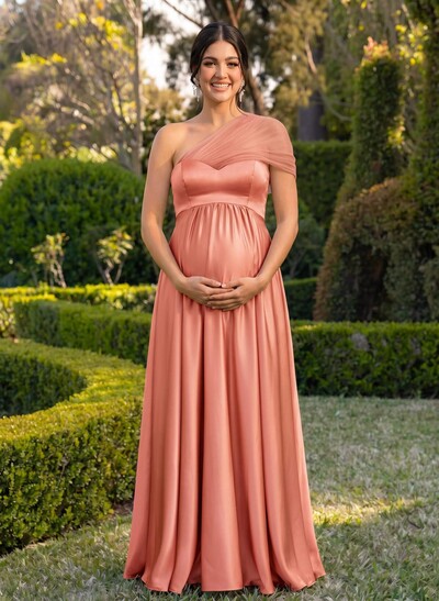 A-Line One-Shoulder Sleeveless Floor-Length Satin/Tulle Maternity Bridesmaid Dresses
