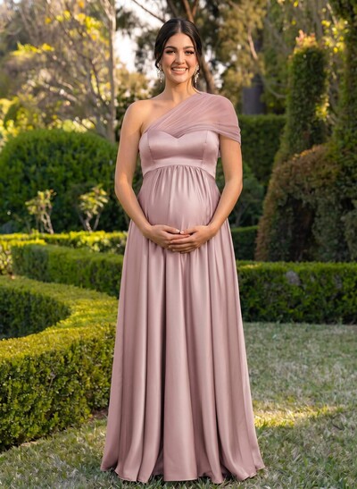 A-Line One-Shoulder Sleeveless Floor-Length Satin/Tulle Maternity Bridesmaid Dresses