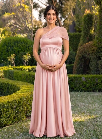 A-Line One-Shoulder Sleeveless Floor-Length Satin/Tulle Maternity Bridesmaid Dresses