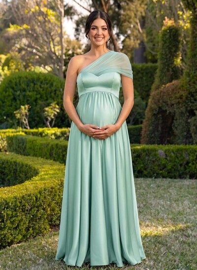 A-Line One-Shoulder Sleeveless Floor-Length Satin/Tulle Maternity Bridesmaid Dresses