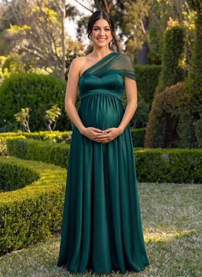 A-Line One-Shoulder Sleeveless Floor-Length Satin/Tulle Maternity Bridesmaid Dresses