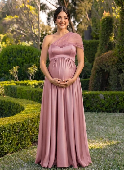 A-Line One-Shoulder Sleeveless Floor-Length Satin/Tulle Maternity Bridesmaid Dresses