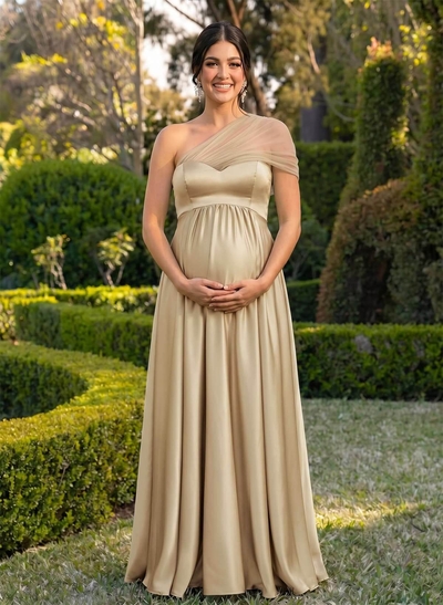 A-Line One-Shoulder Sleeveless Floor-Length Satin/Tulle Maternity Bridesmaid Dresses