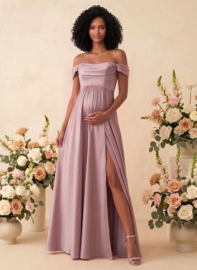 A-Line Off-The-Shoulder Sleeveless Floor-Length Satin Maternity Bridesmaid Dresses With Split Front
