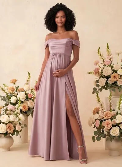 A-Line Off-The-Shoulder Sleeveless Floor-Length Satin Maternity Bridesmaid Dresses With Split Front
