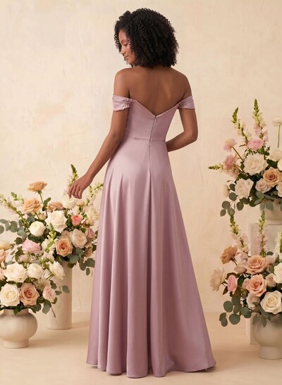 A-Line Off-The-Shoulder Sleeveless Floor-Length Satin Maternity Bridesmaid Dresses With Split Front