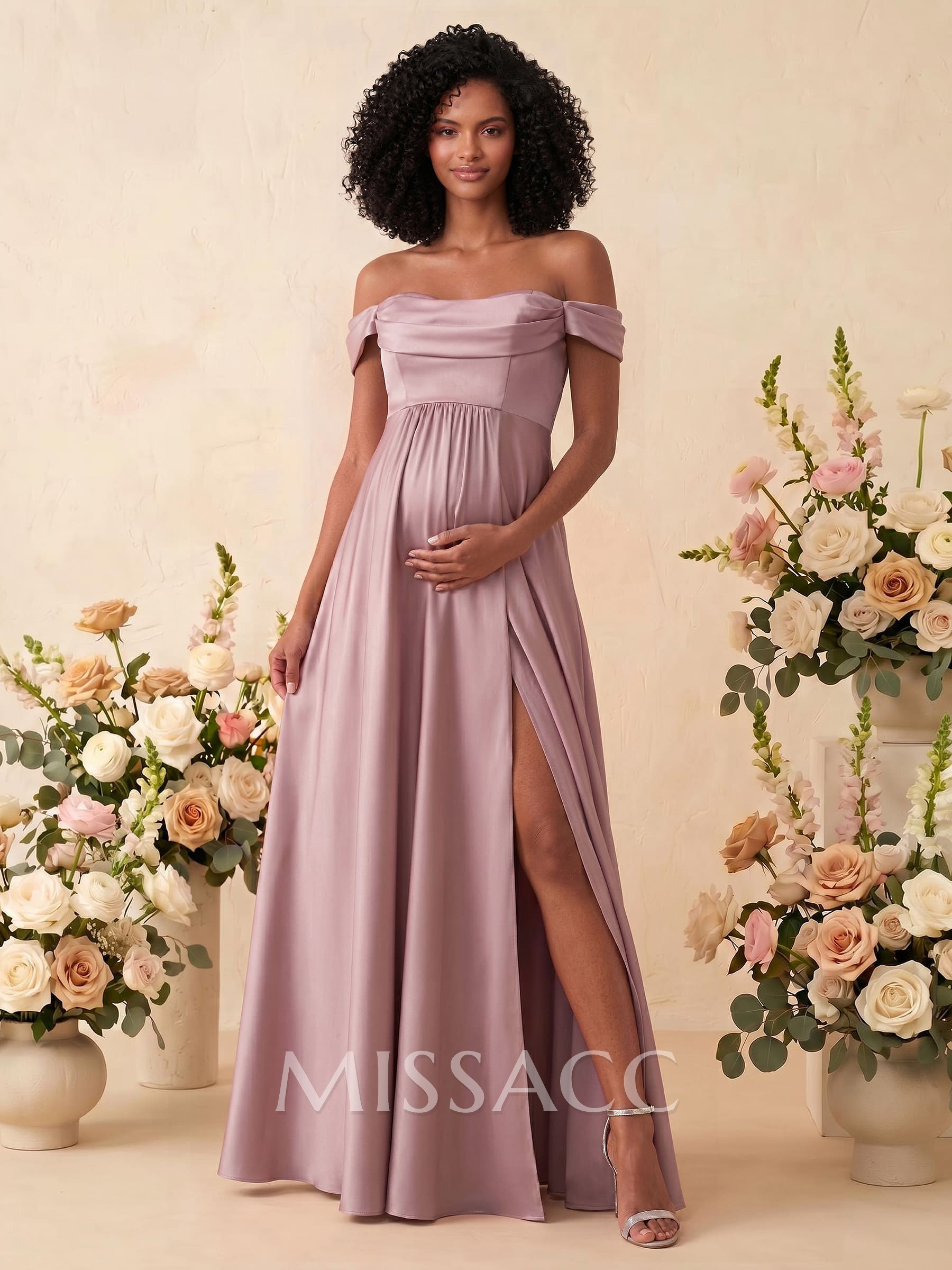 A-Line Off-The-Shoulder Sleeveless Floor-Length Satin Maternity Bridesmaid Dresses With Split Front