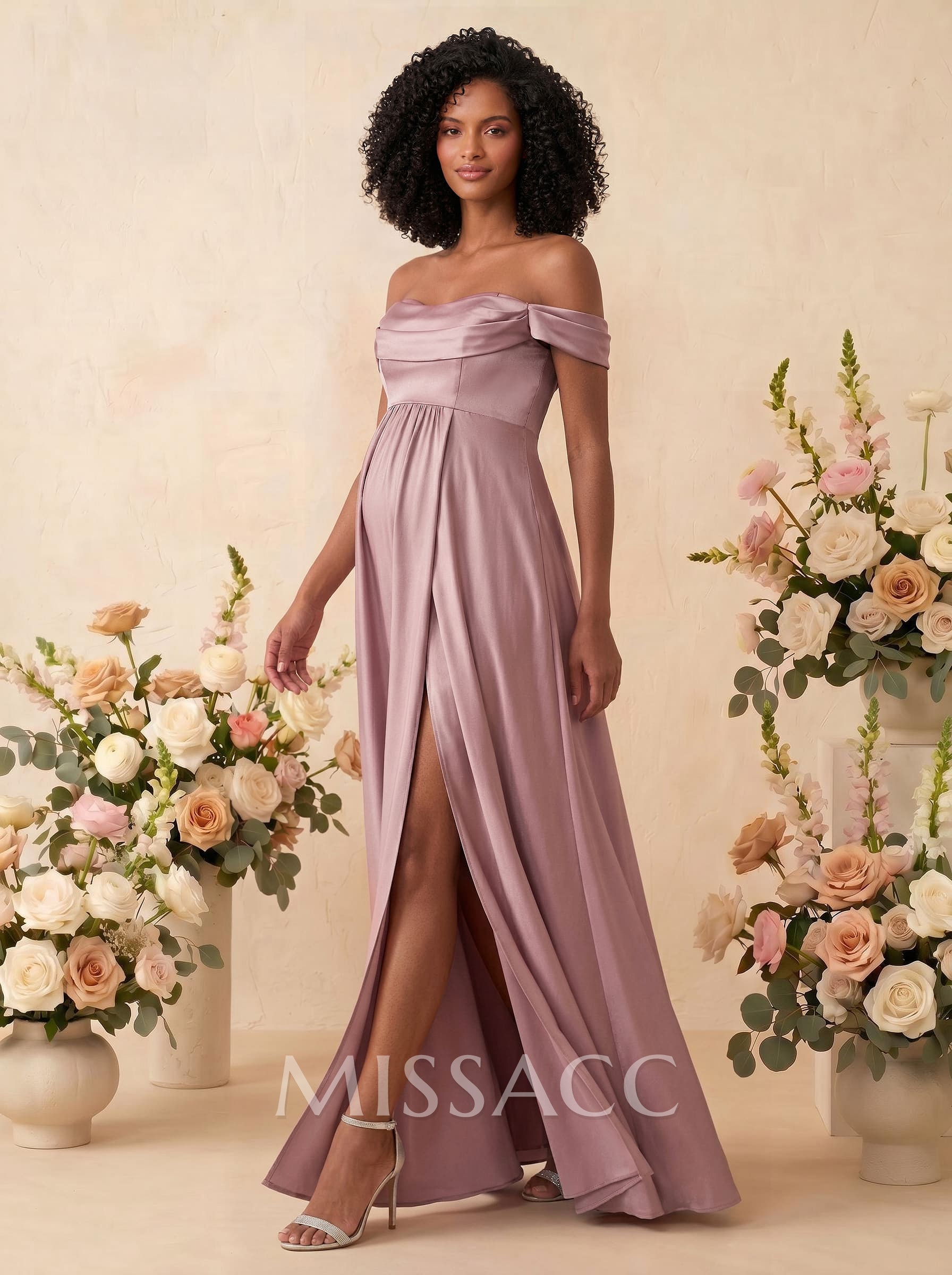 A-Line Off-The-Shoulder Sleeveless Floor-Length Satin Maternity Bridesmaid Dresses With Split Front
