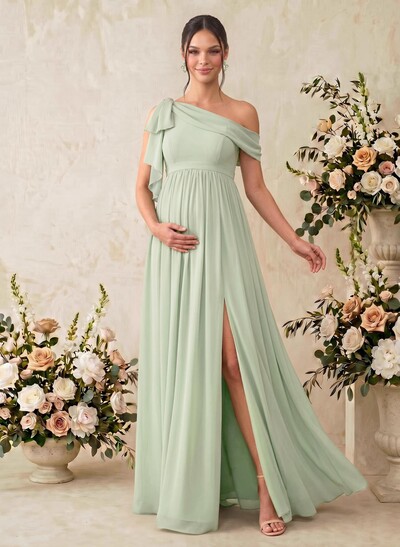 A-Line Asymmetrical Sleeveless Floor-Length Chiffon Maternity Bridesmaid Dresses With Shoulder Ruffle