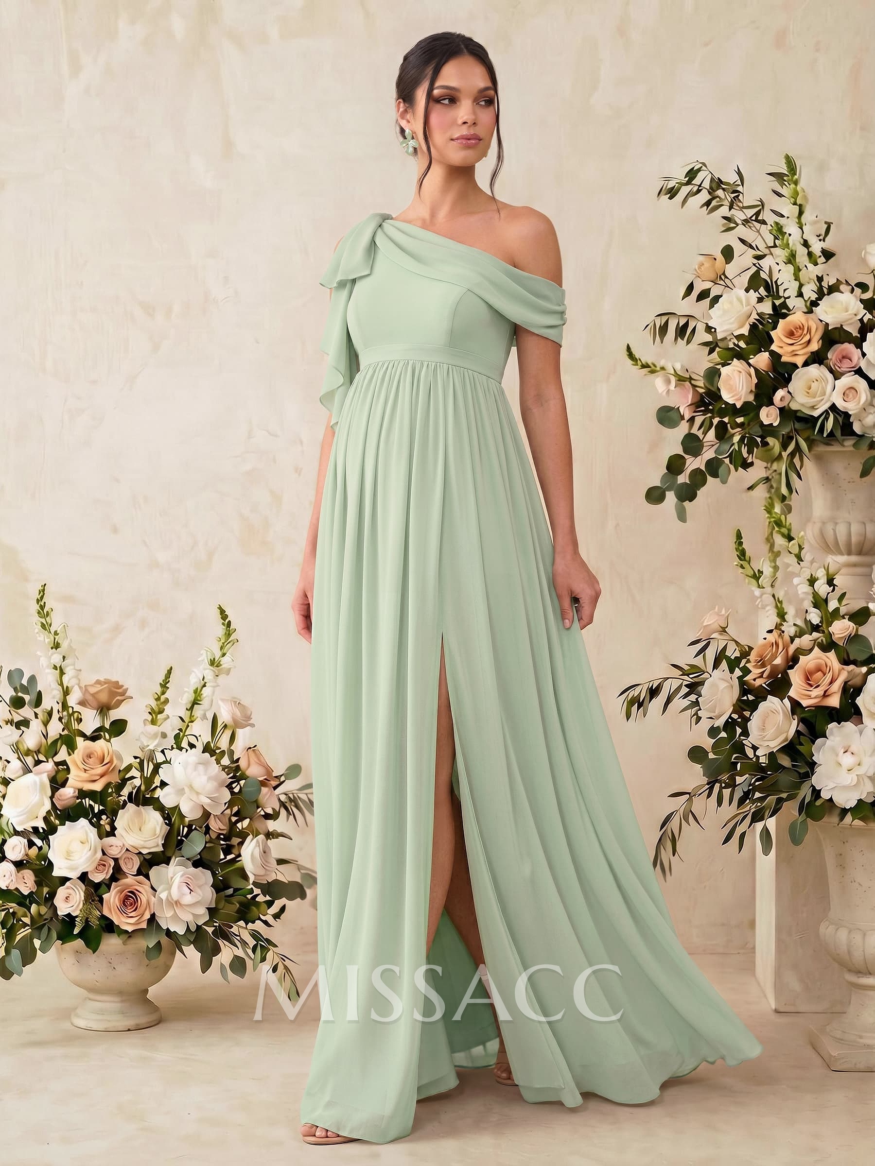 A-Line Asymmetrical Sleeveless Floor-Length Chiffon Maternity Bridesmaid Dresses With Shoulder Ruffle