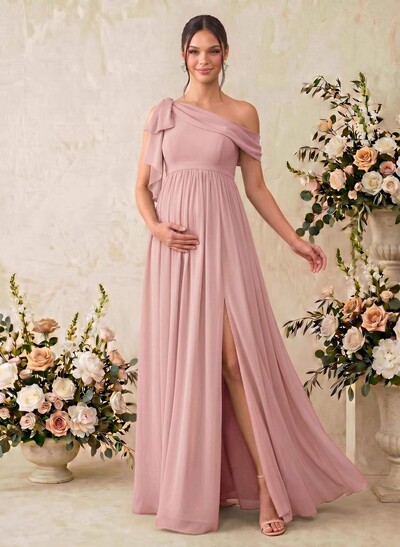 A-Line Asymmetrical Sleeveless Floor-Length Chiffon Maternity Bridesmaid Dresses With Shoulder Ruffle