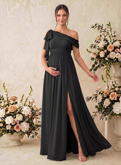 A-Line Asymmetrical Sleeveless Floor-Length Chiffon Maternity Bridesmaid Dresses With Shoulder Ruffle