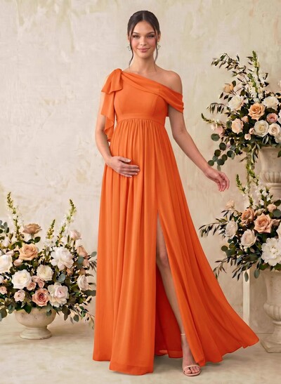 A-Line Asymmetrical Sleeveless Floor-Length Chiffon Maternity Bridesmaid Dresses With Shoulder Ruffle