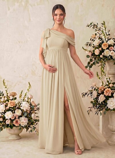 A-Line Asymmetrical Sleeveless Floor-Length Chiffon Maternity Bridesmaid Dresses With Shoulder Ruffle