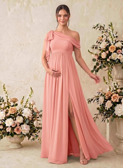 A-Line Asymmetrical Sleeveless Floor-Length Chiffon Maternity Bridesmaid Dresses With Shoulder Ruffle
