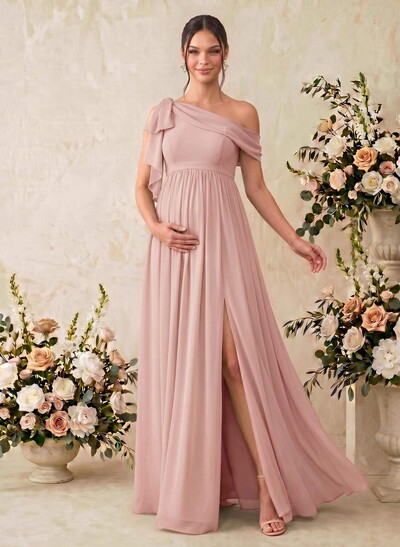 A-Line Asymmetrical Sleeveless Floor-Length Chiffon Maternity Bridesmaid Dresses With Shoulder Ruffle