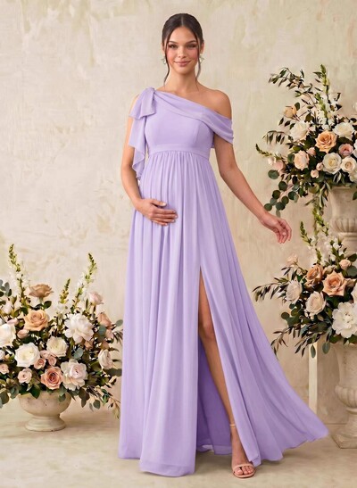 A-Line Asymmetrical Sleeveless Floor-Length Chiffon Maternity Bridesmaid Dresses With Shoulder Ruffle