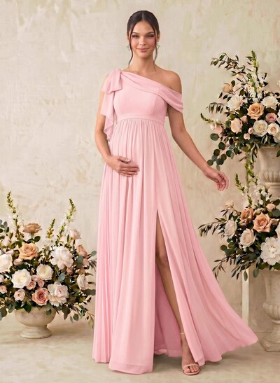 A-Line Asymmetrical Sleeveless Floor-Length Chiffon Maternity Bridesmaid Dresses With Shoulder Ruffle