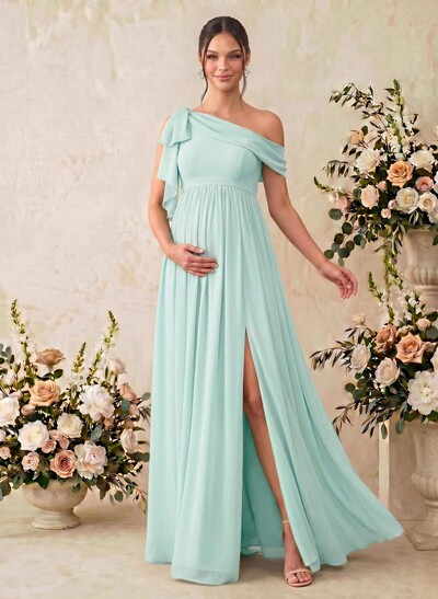 A-Line Asymmetrical Sleeveless Floor-Length Chiffon Maternity Bridesmaid Dresses With Shoulder Ruffle