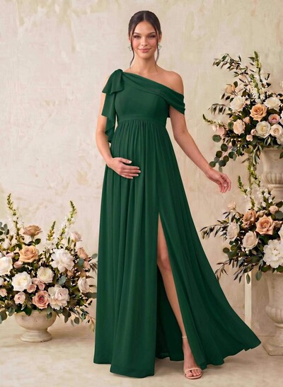 A-Line Asymmetrical Sleeveless Floor-Length Chiffon Maternity Bridesmaid Dresses With Shoulder Ruffle