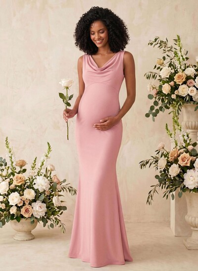 Trumpet/Mermaid Cowl Neck Sleeveless Floor-Length Jersey Maternity Bridesmaid Dresses With Bow(s)