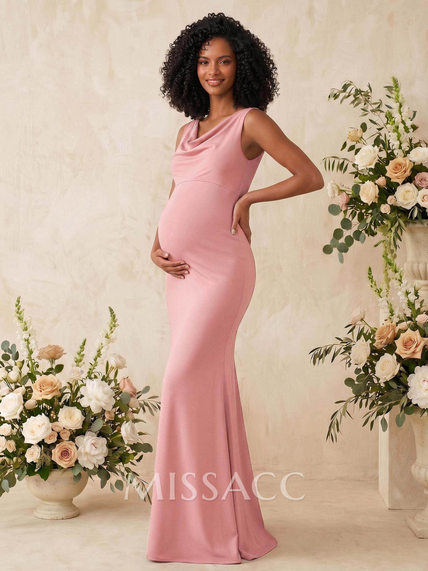 Trumpet/Mermaid Cowl Neck Sleeveless Floor-Length Jersey Maternity Bridesmaid Dresses With Bow(s)