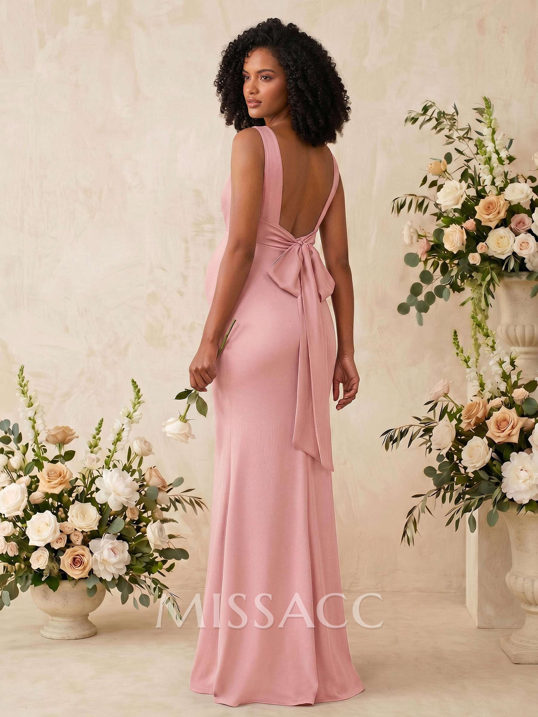Trumpet/Mermaid Cowl Neck Sleeveless Floor-Length Jersey Maternity Bridesmaid Dresses With Bow(s)