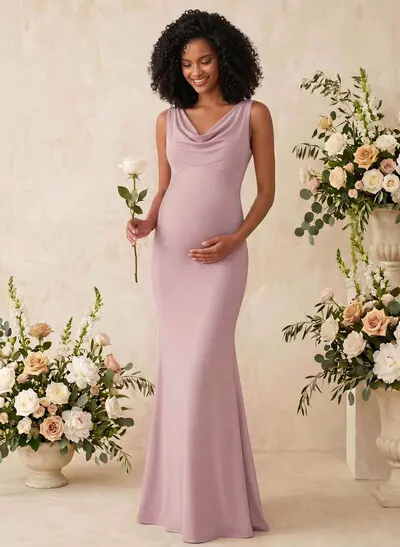 Trumpet/Mermaid Cowl Neck Sleeveless Floor-Length Jersey Maternity Bridesmaid Dresses With Bow(s)