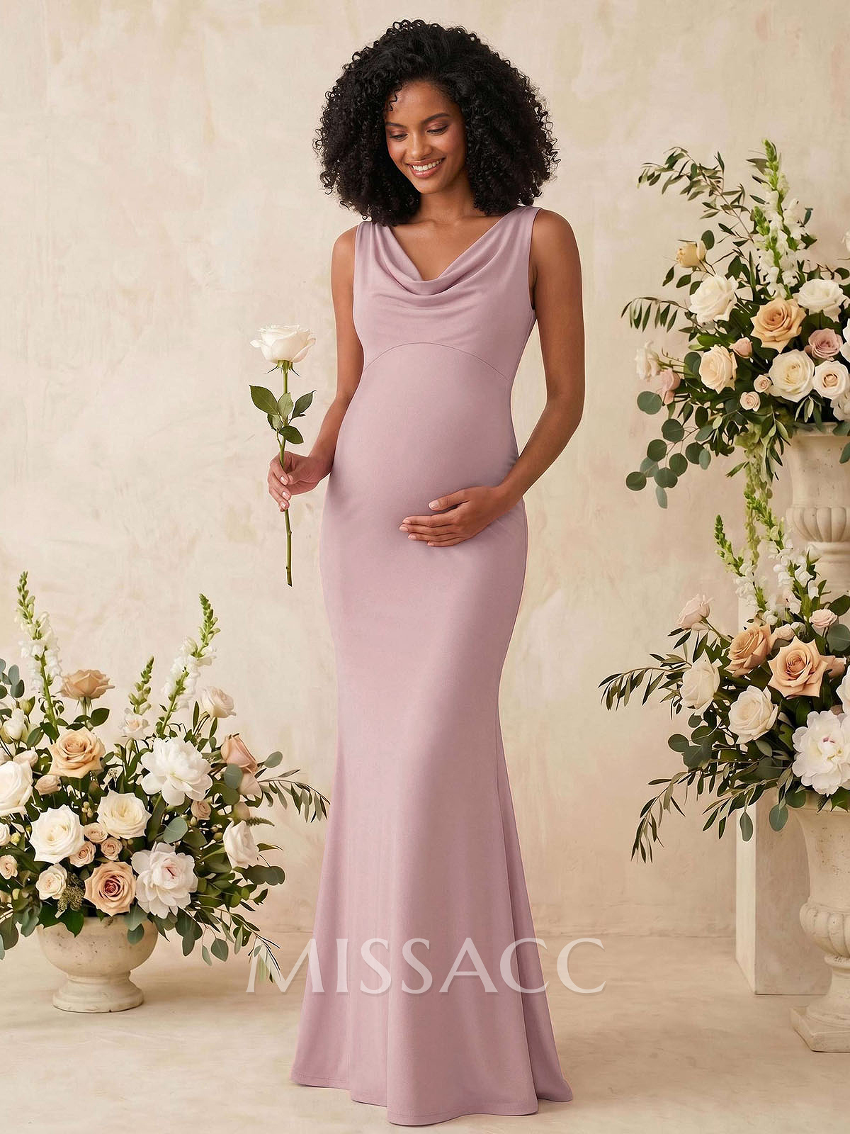 Trumpet/Mermaid Cowl Neck Sleeveless Floor-Length Jersey Maternity Bridesmaid Dresses With Bow(s)