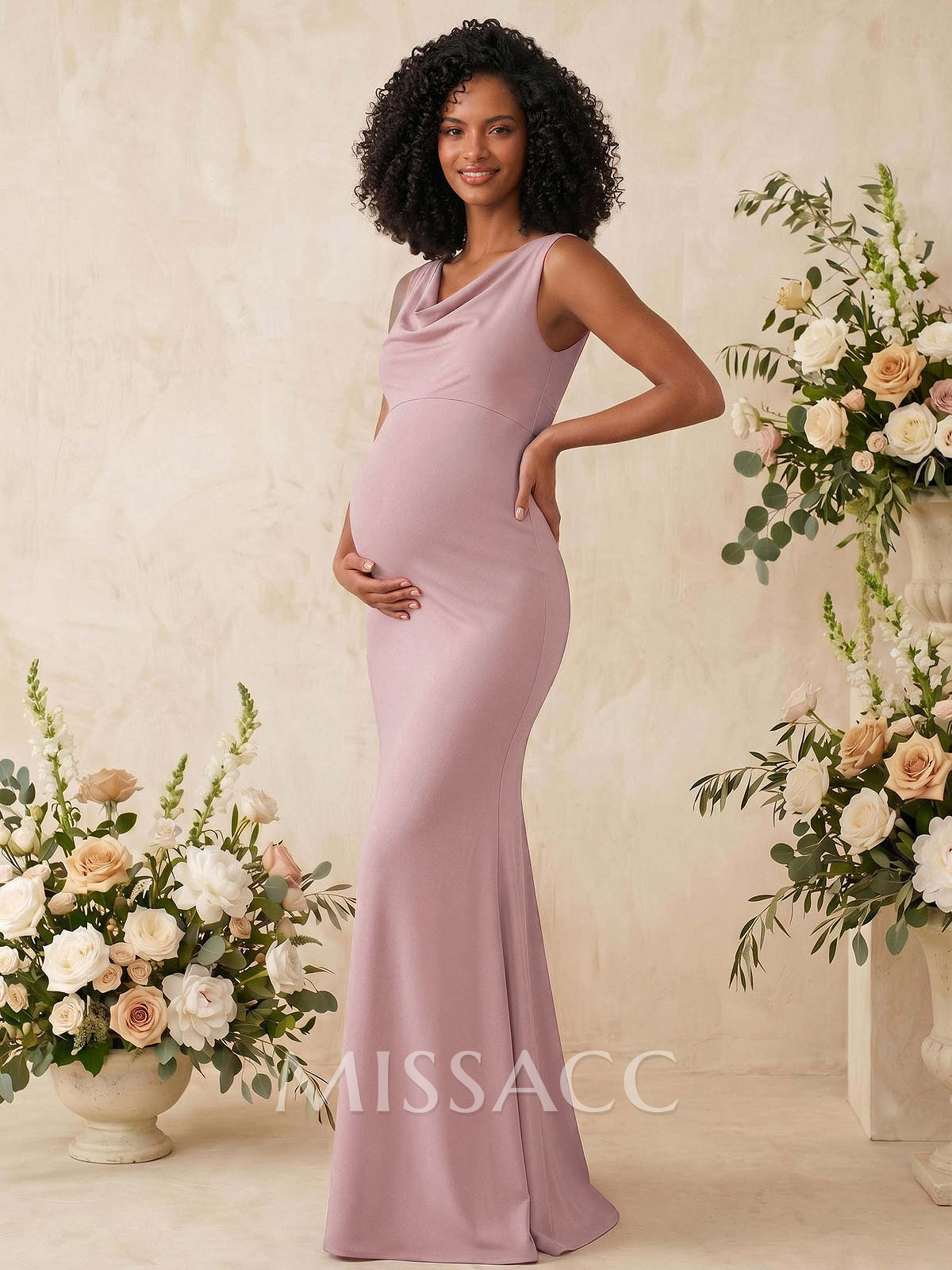 Trumpet/Mermaid Cowl Neck Sleeveless Floor-Length Jersey Maternity Bridesmaid Dresses With Bow(s)