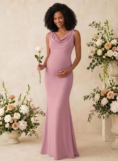Trumpet/Mermaid Cowl Neck Sleeveless Floor-Length Jersey Maternity Bridesmaid Dresses With Bow(s)