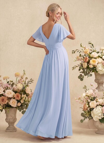 Elegant A-Line V-Neck Short Sleeves Floor-Length Chiffon Maternity Bridesmaid Dresses