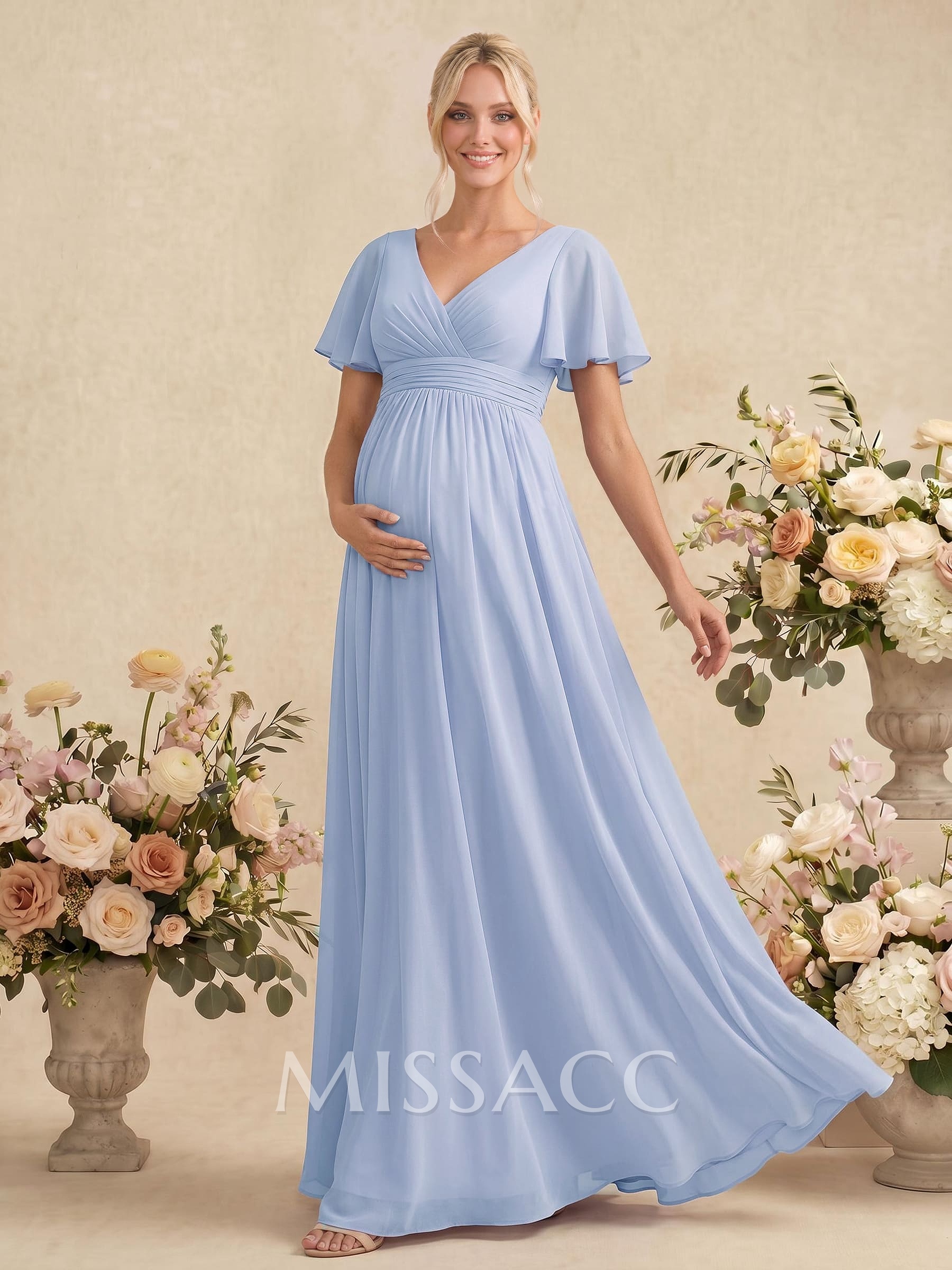Elegant A-Line V-Neck Short Sleeves Floor-Length Chiffon Maternity Bridesmaid Dresses