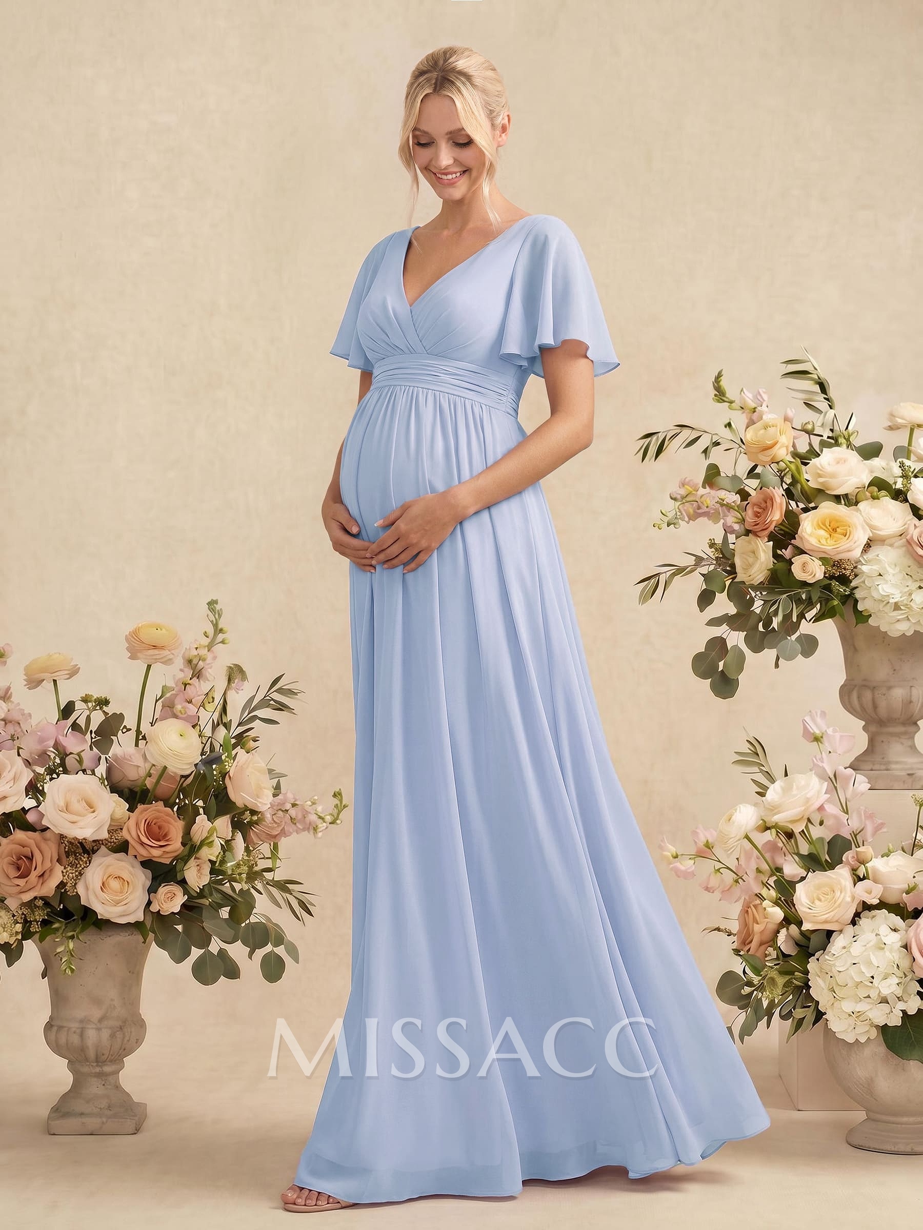Elegant A-Line V-Neck Short Sleeves Floor-Length Chiffon Maternity Bridesmaid Dresses