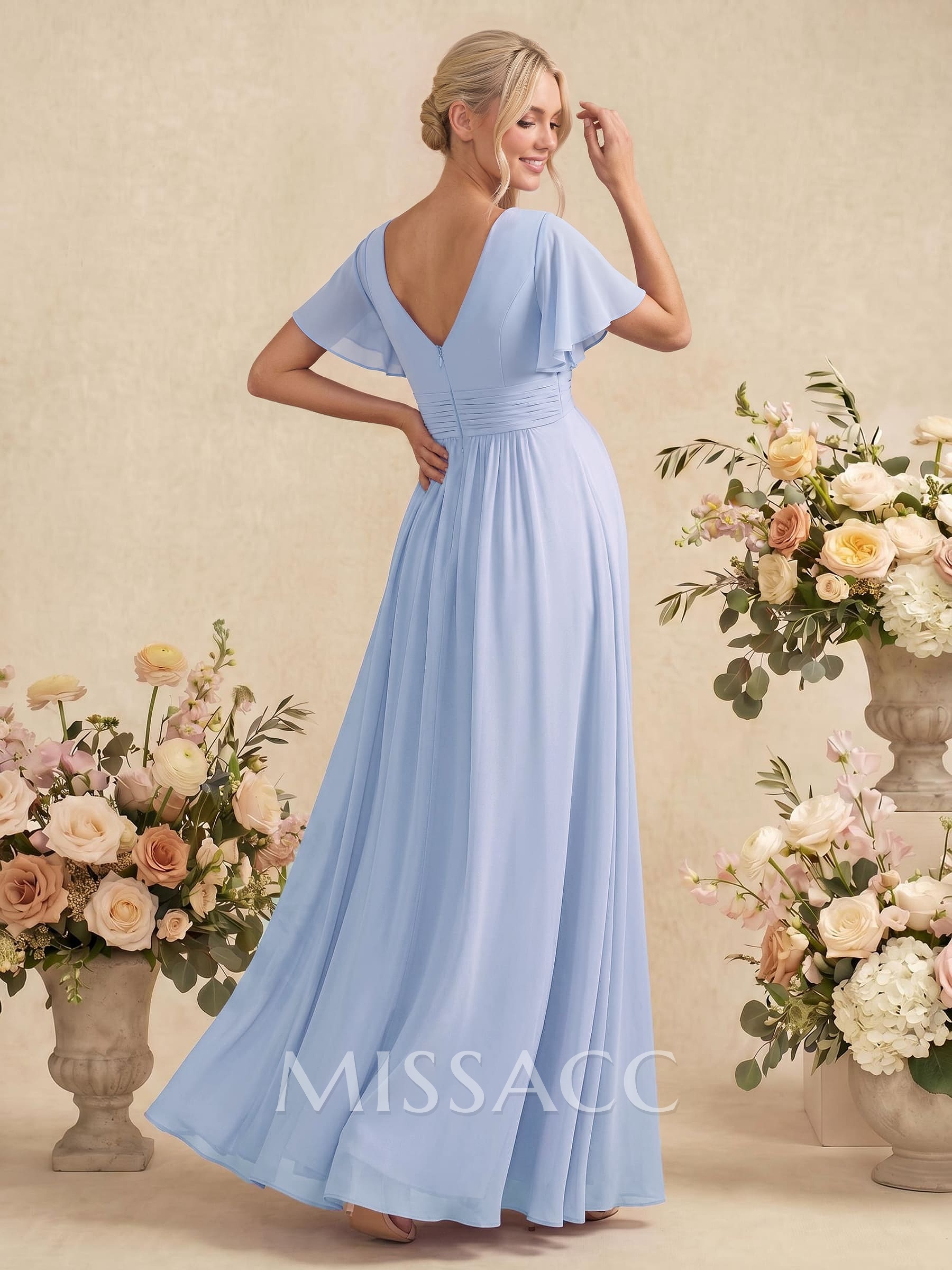 Elegant A-Line V-Neck Short Sleeves Floor-Length Chiffon Maternity Bridesmaid Dresses