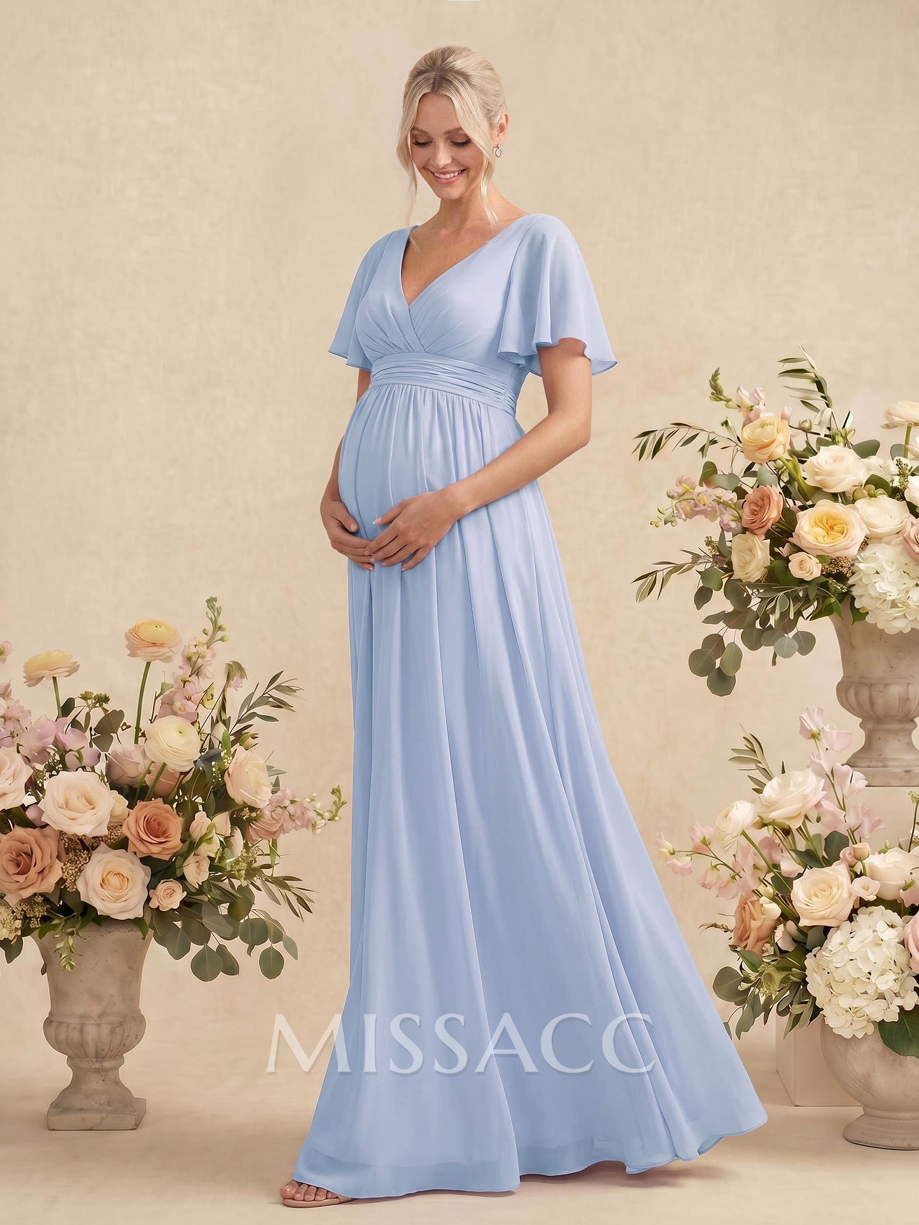 Elegant A-Line V-Neck Short Sleeves Floor-Length Chiffon Maternity Bridesmaid Dresses