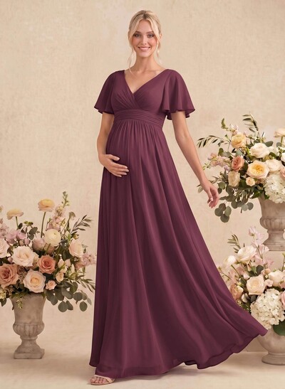 Elegant A-Line V-Neck Short Sleeves Floor-Length Chiffon Maternity Bridesmaid Dresses