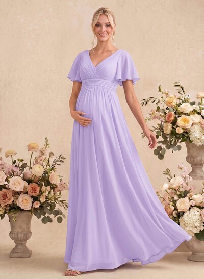 Elegant A-Line V-Neck Short Sleeve Maxi Chiffon Maternity Bridesmaid Dresses