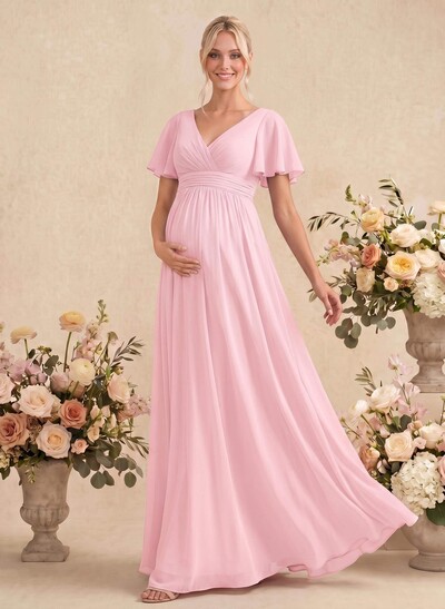 Elegant A-Line V-Neck Short Sleeves Floor-Length Chiffon Maternity Bridesmaid Dresses