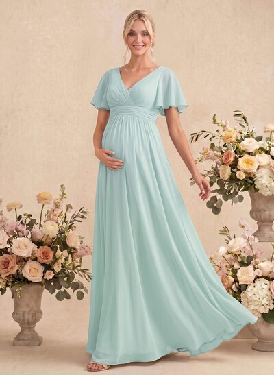 Elegant A-Line V-Neck Short Sleeves Floor-Length Chiffon Maternity Bridesmaid Dresses