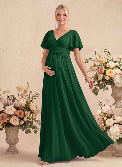 Elegant A-Line V-Neck Short Sleeves Floor-Length Chiffon Maternity Bridesmaid Dresses
