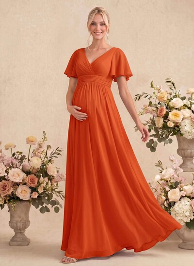 Elegant A-Line V-Neck Short Sleeves Floor-Length Chiffon Maternity Bridesmaid Dresses