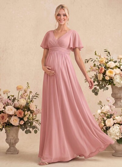 Elegant A-Line V-Neck Short Sleeve Maxi Chiffon Maternity Bridesmaid Dresses