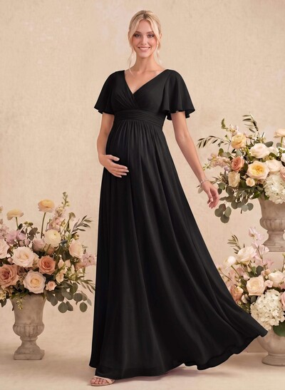 Elegant A-Line V-Neck Short Sleeve Maxi Chiffon Maternity Bridesmaid Dresses