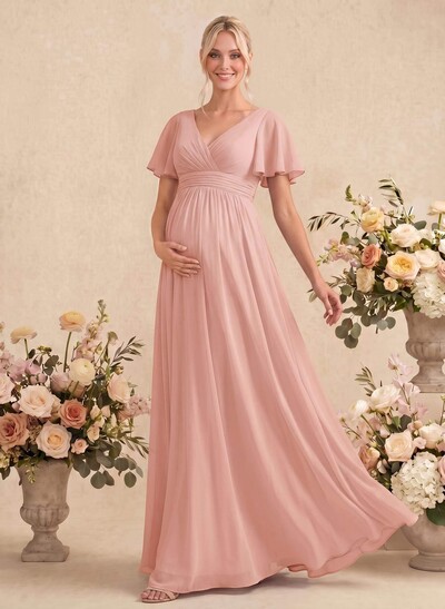 Elegant A-Line V-Neck Short Sleeves Floor-Length Chiffon Maternity Bridesmaid Dresses