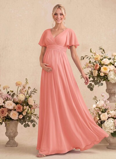 Elegant A-Line V-Neck Short Sleeves Floor-Length Chiffon Maternity Bridesmaid Dresses