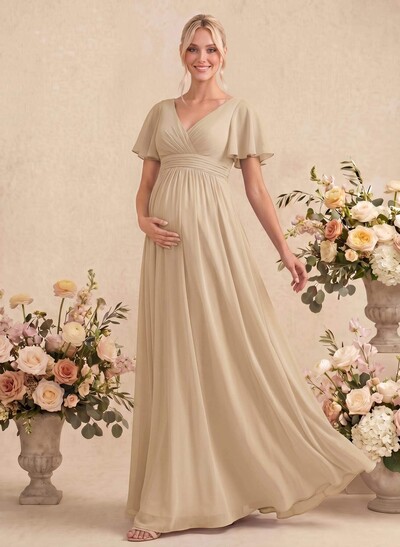 Elegant A-Line V-Neck Short Sleeves Floor-Length Chiffon Maternity Bridesmaid Dresses