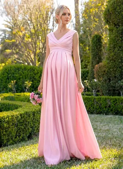 Elegant A-Line V-Neck Sleeveless Floor-Length Satin Maternity Bridesmaid Dresses