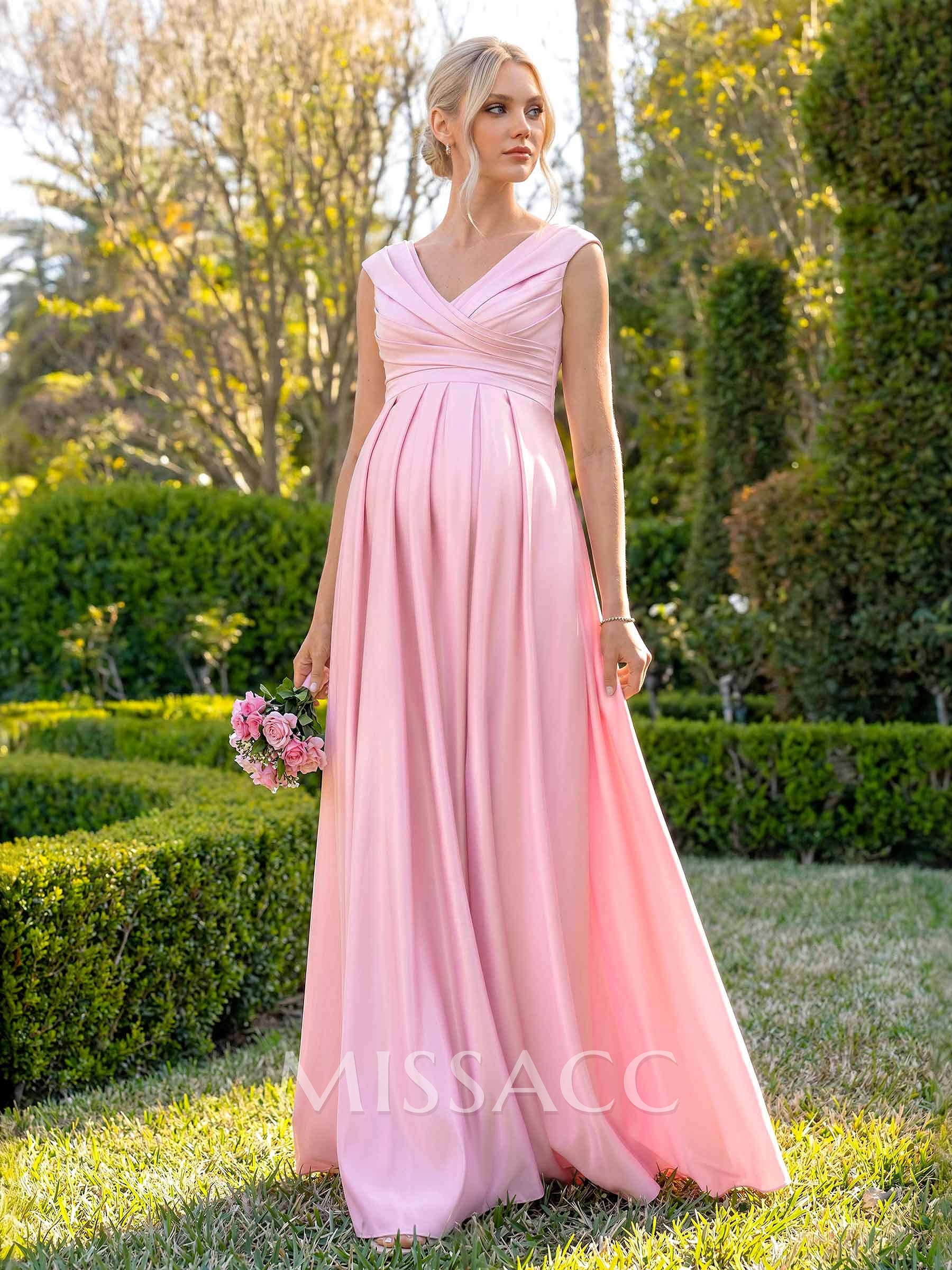 Elegant A-Line V-Neck Sleeveless Floor-Length Satin Maternity Bridesmaid Dresses